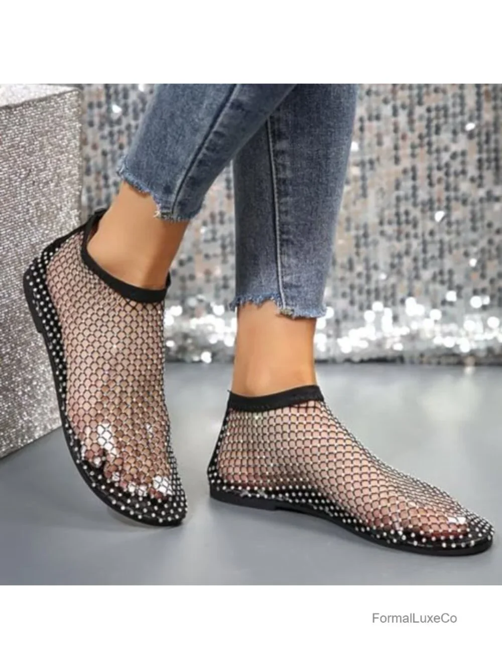 Breathable Mesh Rhinestone Flats Slip On Low Heel Sandals Women Fishnet